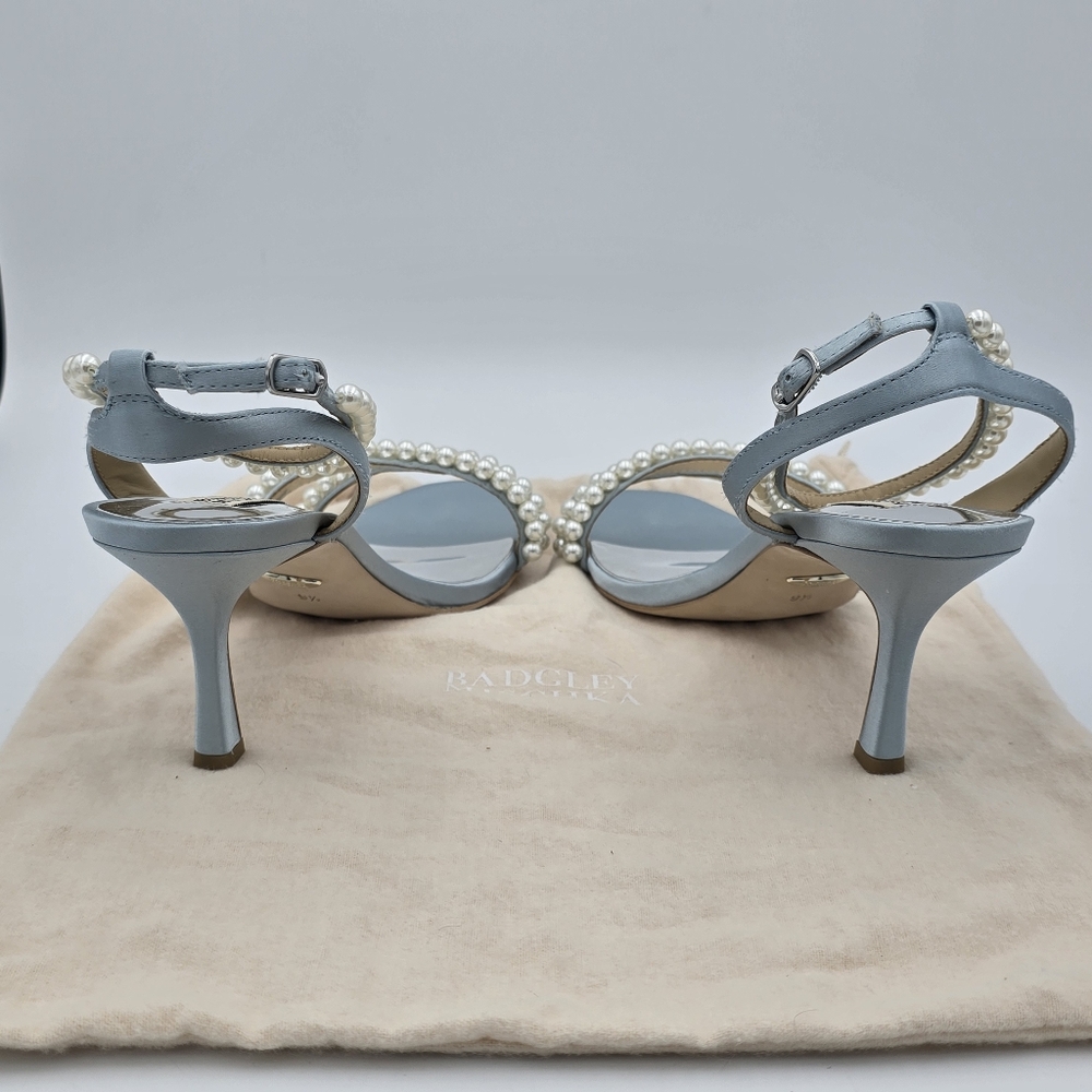 Badgley Mischka Flame Pearl Kitten Heel Sandals, Mist Blue Satin, Women's Sz 9.5 - Picture 8 of 16